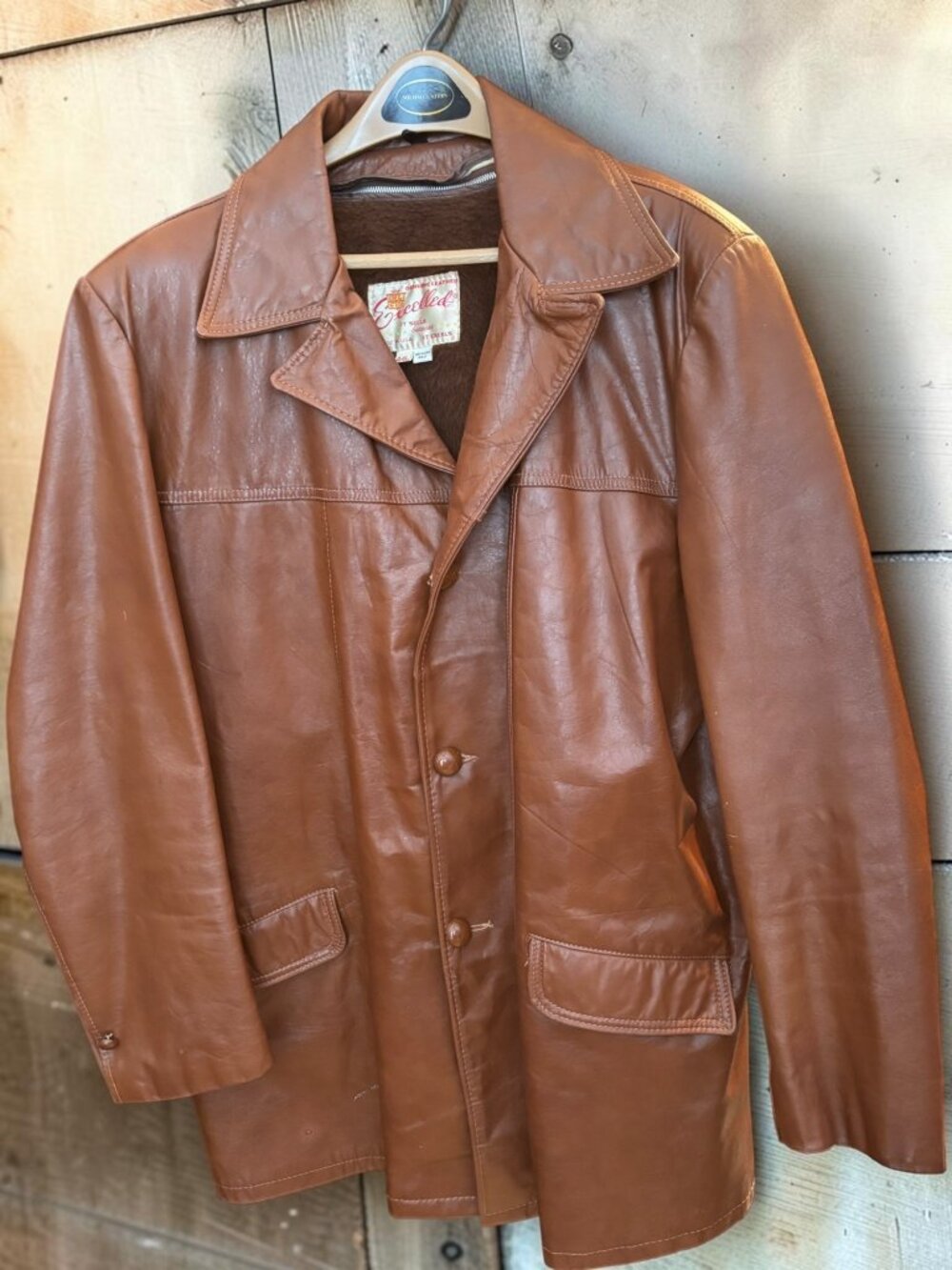 Vintage 1970 Excelled Mens Brown Genuine Leather Coat 44L Made In USA With Butto